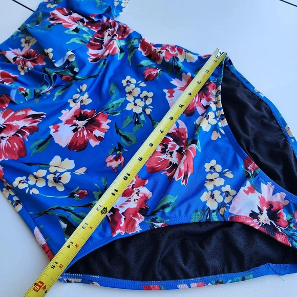 Ralph Lauren One Piece Swimsuit Off Shoulder Floral Blue Pink Print Sz 12 - Picture 12 of 16